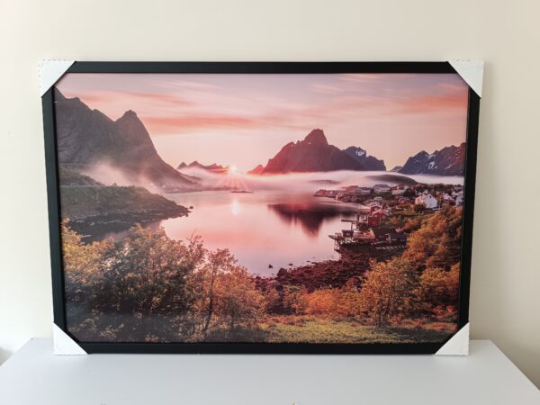 quadro lago com por do sol